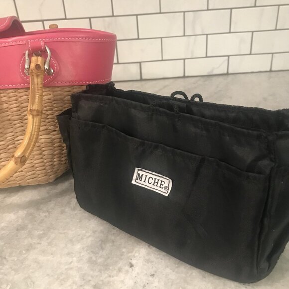 Miche Straw Basket Handbag Womens Pink Leather Trim Bamboo Handles Insert Tote - Picture 5 of 10